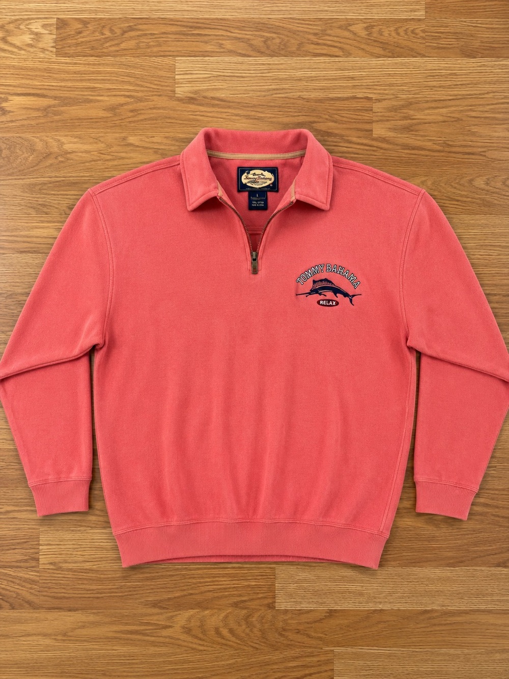 Tommy Bahama Relax Fit Pink Cotton Quarter Zip Collared Sweatshirt Men’s L